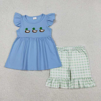 Ensemble de vêtements pour bébés filles avec manches bouffantes, broderie de canards, short à carreaux
