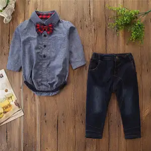 Baby Boys Male Infants Kids Long Sleeve Shirt Bow Romper Tops+Denim Jeans Long Pants 2pcs gentlemen Clothing Set Suit