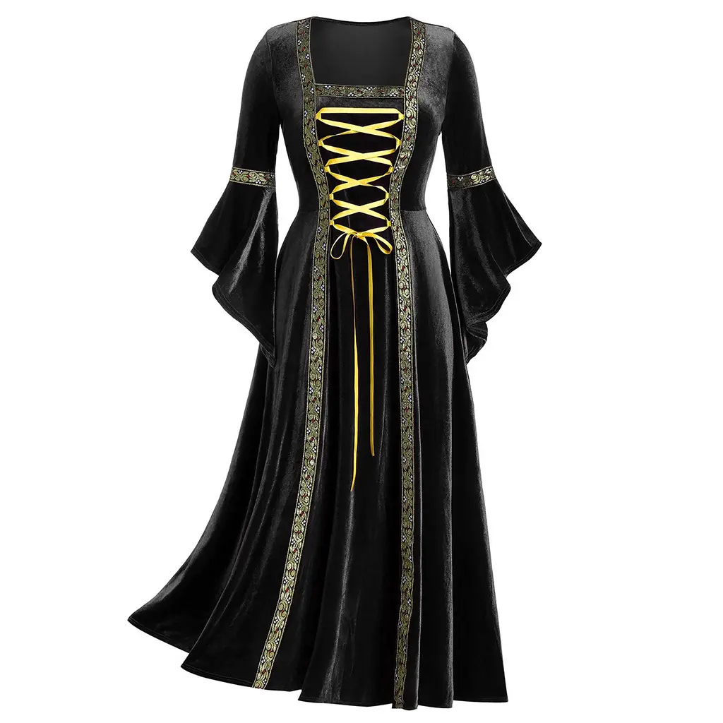 Ready To Ship Fall Winter Ladies Punk Style Long Sleeve Royal Medieval Tie Velvet Maxi Black Goth Dress Logo Robe Gothic Dresses