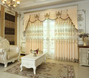 China Latest Designs Cortinas Elegant Lace Luxury Ring Party Blackout Embroidered Curtains For The Living Room With Valance