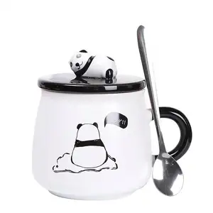 Zogifts toptan karikatür kabartmalı Panda seramik kahve kupalar hediye 3D emaye süt çay kapaklı bardak ve kaşık