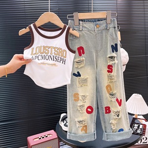 Set Casual primavera estate di <span class=keywords><strong>moda</strong></span> per <span class=keywords><strong>ragazze</strong></span> gilet con lettere ricamate Jeans strappati Set di abbigliamento per bambini - Product Image 3