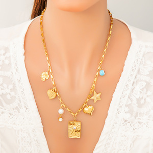 Collar con colgante de estrella y corazón chapado en oro estilo europeo con cadena de clavícula y perla, joyería de moda para mujer. - Product Image 2