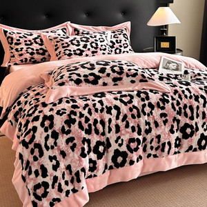 Juego de ropa de cama de terciopelo esponjoso Rosa tamaño Queen Otoño Invierno edredón de franela suave y cálido juego de funda nórdica Reversible de lana de felpa - Product Image 1