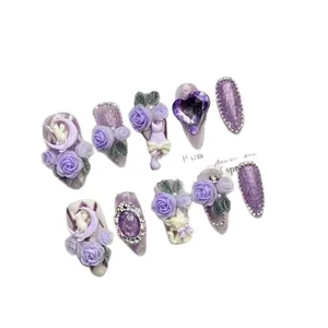 <span class=keywords><strong>Uñas</strong></span> Postizas al por Mayor, Hechas a Mano, con Diseño de Ojo de Gato Morado, Forma Corta, Acrílicas, con Detalles de Gatito - Product Image 5
