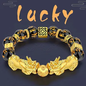 Bracelet chinois porte-bonheur, perles en pierre d'obsidienne noire originale pour hommes, plaqué or 24K Pi Xiu Feng Shui, Bracelet bouddhiste