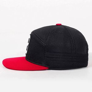 Meaufactures Custom Two Tone Black and Red <b>Flat</b> Brim Mesh 7 Panel Snapback Baseball <b>Cap</b> for <b>Men</b> - Product Image 3