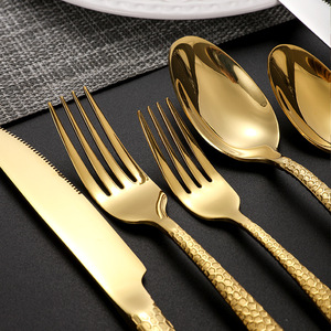 430 Stainless Steel Hammered Cutlery Set Dessert Spoon Snakeskin Gold Water Cube Steak Cutlery Party <b>Dinnerware</b> - Product Image 3