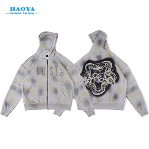 Người Đàn Ông Của Heavyweight Hoodie Áo Mới Chất Lượng Cao Thời Trang Đường Phố Rhinestone Rửa Dây Kéo Phức tạp Rắn In Phai Bị Mất Thiết Kế - Product Image 1