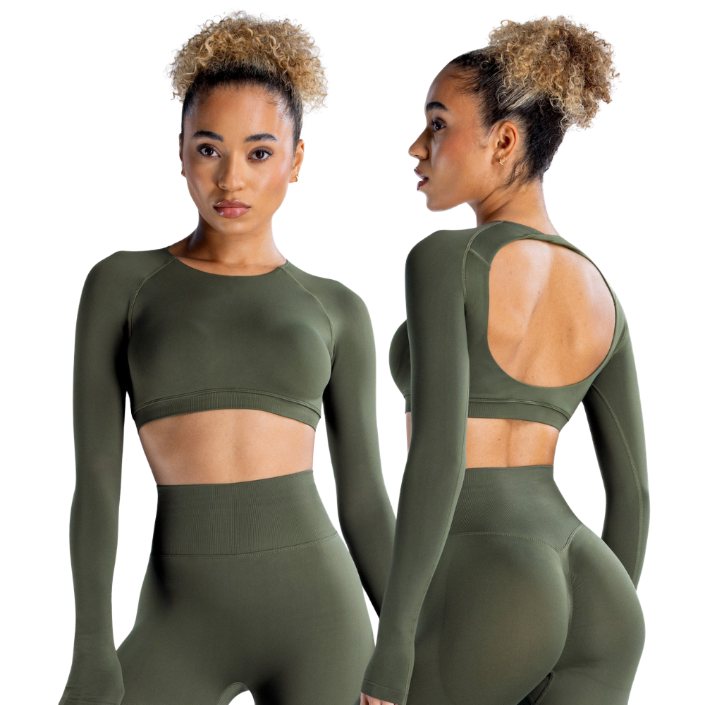 Women's Lightweight Eco-Friendly Seamless Spandex Crop Top Long Sleeves Open-Back Design Solid Pattern Yoga Wear Front Skinny
