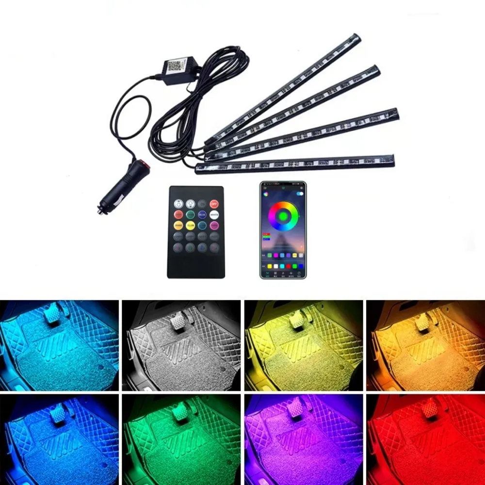 Luz de enchufe de pie para coche, tira de LED decorativa RGB, lámpara de Ambiente, luces de coche, aplicación de música, Control remoto inalámbrico, luz ambiental USB