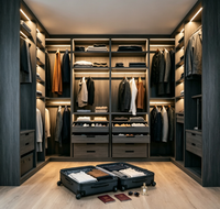 Dressing sur mesure en forme de U, armoire intégrée en bois foncé avec éclairage LED, meuble de rangement pour dressing