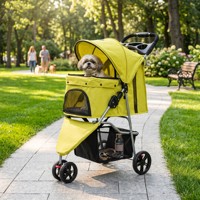 Poussette pliable à 3 roues bleue pour animaux de compagnie, confortable, portable, avec housse de protection respirante en maille, fermeture éclair et panier de rangement