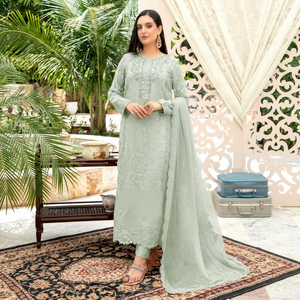 Traje Anarkali de algodón bordado en verde menta con dupatta, largo hasta el suelo, conjunto tradicional indio pakistaní para mujer - Product Image 1