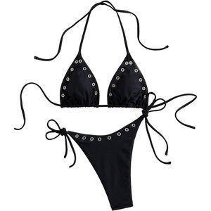 Conjunto de bikini de 2 piezas FOXA para mujer con ojales, top halter y braguita de corte cheeky con lazo lateral - Product Image 1