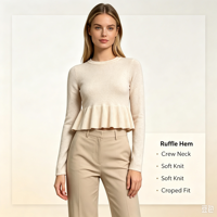 Pull-over décontracté à manches longues en maille fine bleue de haute qualité Evelyn Undefined Custom, avec volants, OEM & ODM, collection automne