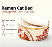 Lit pour chat Ramen, type bol de nouilles japonais fermé, rond, double usage, tapis pour animaux de compagnie, chaud, amovible et lavable, pour l'automne et l'hiver