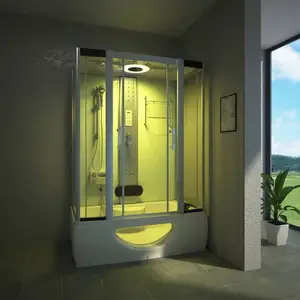 غرفة استحمام بتصميم شائع، كابينة استحمام بارو مستطيلة بيضاء قائمة مع حمام دوامة