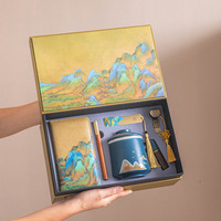 Ensemble cadeau de luxe Wisteria avec logo personnalisé en relief, paysage chinois fait main, tasse à thé en verre, carnet en cuir, cadeau en bois