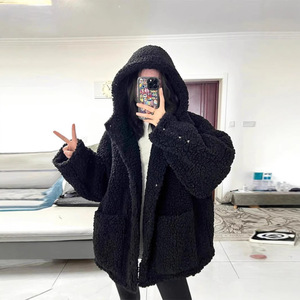Black Faux Fur Hooded Coat Women Thick Winter Outerwear Solid Color Polyester Wadding Cardigan Style - Product Image 1
