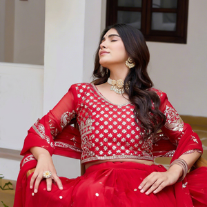 Ensemble Lehenga Choli brodé rouge, tenue de mariage traditionnelle pour femmes, longueur au sol, style Inde Pakistan - Product Image 4