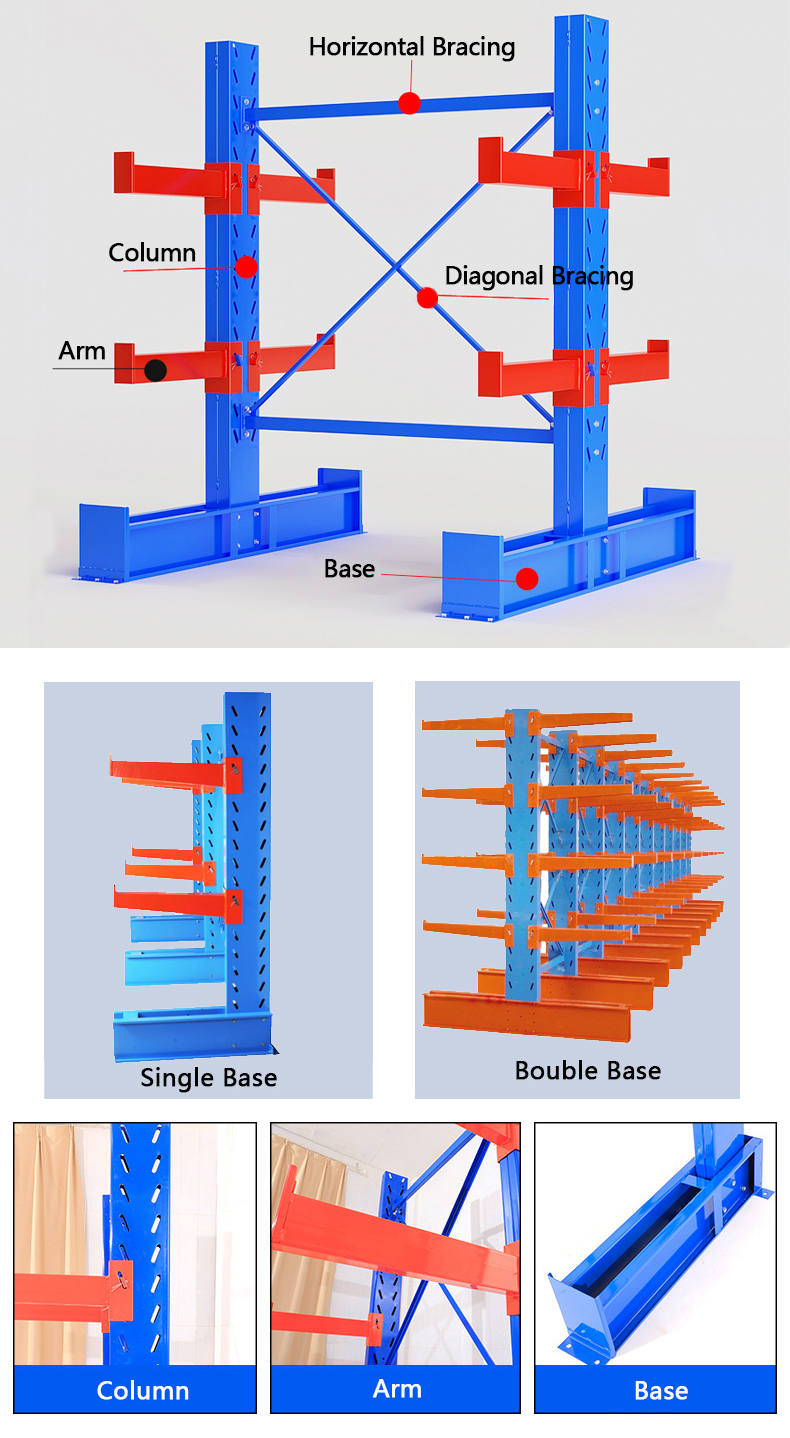 Double Side Arm Steel Warehouse Shelf Storage Steel Metal Heavy Duty Racks Cantilever Shelf