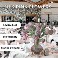 Dekorasi Pernikahan Ranunculus Sutra Buatan Berkualitas Tinggi 3 Kepala Bunga Peony Warna Pink Buatan Tangan untuk Pesta Rumah