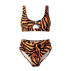 Costume da bagno bikini taglie forti HDJ con stampa tigre, vita alta, push-up e dettagli cut-out per donna, ideale per la spiaggia - Product Image 1