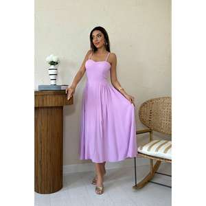 ชุดราตรีทรงเอไลน์ผ้าซาตินสีไลลา คอเหลี่ยม เอวธรรมชาติ แต่งระบาย สวยสง่า - Product Image 5