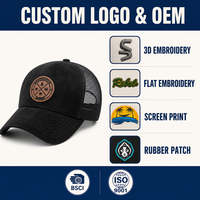 Casquette de camionneur personnalisée, face en daim, dos en maille, patch en cuir, fermeture snapback réglable, 7 couleurs, décontractée pour l'extérieur, OEM, vente en gros, faible MOQ