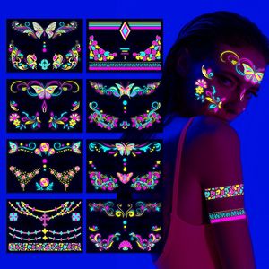 Pegatinas de Tatuaje Facial de Mariposa y Flor de Neón, Pegatinas Corporales Fluorescentes Impermeables para Maquillaje de Fiesta y Club - Product Image 4