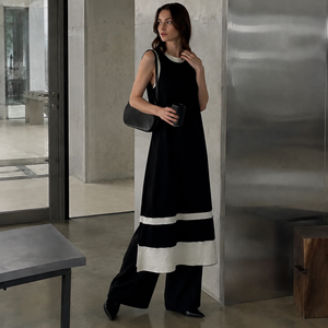 Robe longue minimaliste sans manches pour femme, col rond, couleur contrastante, coupe ample, noir et blanc, toutes saisons, respirante, tissée - Product Image 2