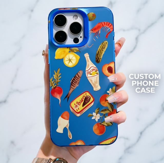 Cartoon Food Pattern Blue Clear TPU Case, Soft Shockproof Cute Design Phone Cover for iPhone 17 16 15 14 13 Pro Max