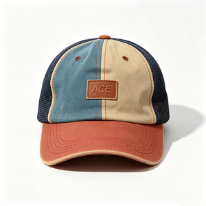 Casquette Trucker Vintage en Toile Lavée à Blocs de Couleurs avec Logo Personnalisé en Cuir ACE, 6 Panneaux, Embossée, Été - Product Image 4