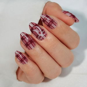 Faux ongles de luxe CPNP MSDS en gel souple, forme amande courte, rouge foncé à damier, à coller, vente en gros - Product Image 2