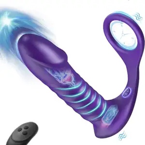 Thrusting Prostate Massager Anal Vibrator with Thick Penis Ring, 10 Vibrating&3 Telescopic Anal Vibrator Dildo Shaped Anal Plug