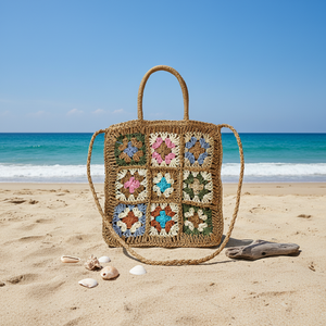 Tas Pantai Bali Buatan Tangan Wanita, Multiwarna Patchwork Granny Square, Pola Kerajinan Rajut Jerami, Tas Selempang - Product Image 4