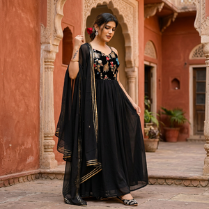 Vestido de Fiesta de Invierno de Georgette Negro Rubí, Talla XL, Estilo Tubo, Cuello Alto, Cintura Imperio, Estampado Floral con Cuentas, Largo hasta el Suelo - Product Image 3