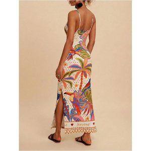 Robe midi sans manches à col en V avec imprimé tropical pour femme, robe de plage à fente pour les vacances - Product Image 2