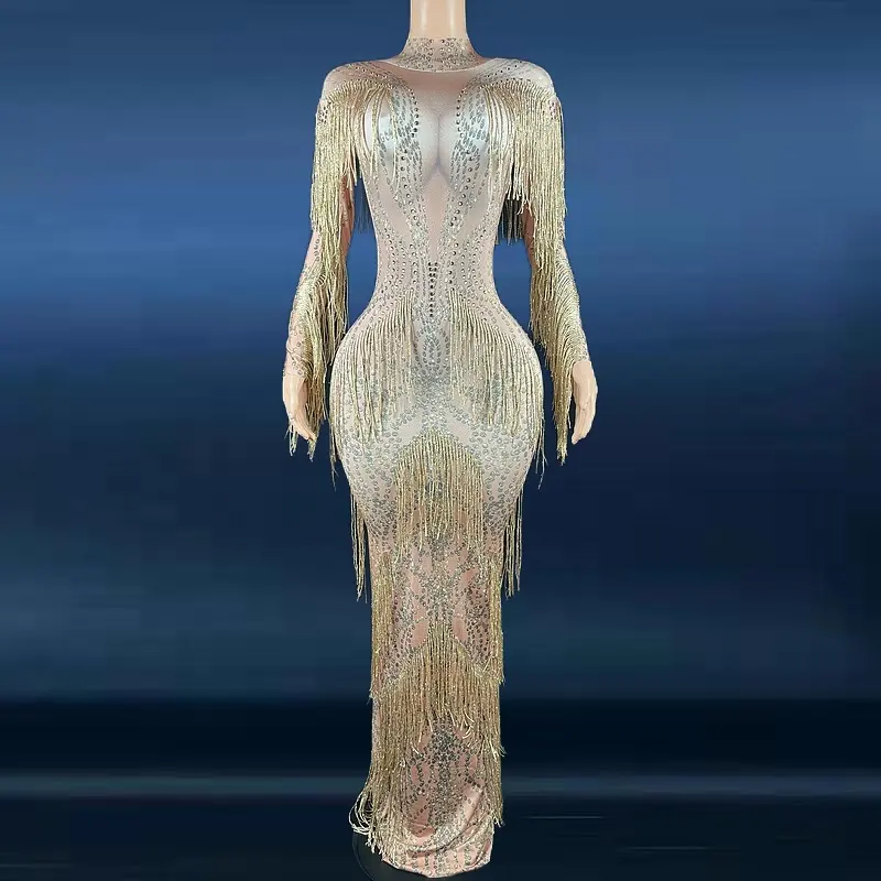 महिला Y1510 प्रोम पोशाक 2022 गोल्ड स्फटिक ट्रिम लटकन शादी की पोशाक स्टेज शो पार्टी सेलिब्रिटी के लिए जलपरी नंगे परिधान