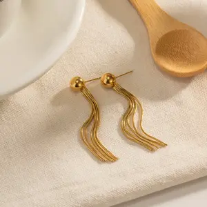 Aretas Stainless Steel 18k Earing Elegant Women 18k Gold Plated Non Tarnish Jewelry Long Snake Chain Tassel Ball Earrings