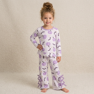 GLP3438 Ensemble pour filles avec nœuds chauve-souris et motifs citrouille d'automne, bord festonné violet - Product Image 1