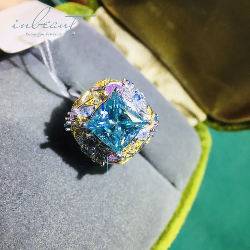 Perak 925 asli brilian putri memotong 2 karat berlian tes masa lalu laut biru Moissanite cincin pernikahan untuk Hari Valentine hadiah