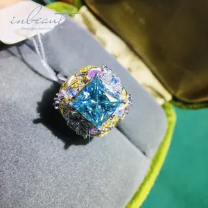 925 d'argento originale brillante principessa tagliata 2 carati Test di diamante oltre mare blu Moissanite fede nuziale per i regali di san valentino