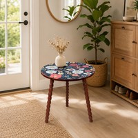 Table d'appoint ronde en bois massif avec pieds torsadés détachables, style mandala, facile à assembler, décoration nordique