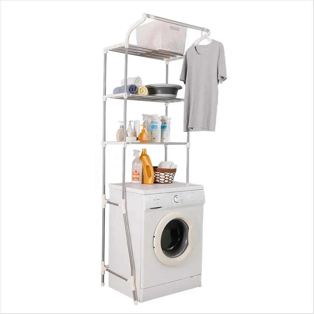 BAOYOUNI 3 Tier Adjustable Width Bathroom Shelf Unit Over Toilet Stands Space Saver Wash Machines Dryer Rack Height 210cm