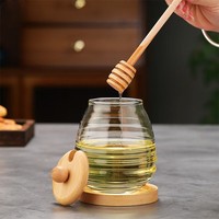 BAMBUS 450ml Pot de miel en verre à haute teneur en borosilicate Ensemble de bidons Conception simple pour le stockage des aliments et le stockage du miel avec cuillère
