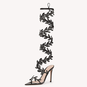 รองเท้าส้นสูงแบบรัดข้อเท้า สายไขว้ยาว ประดับใบไม้วิบวับ สำหรับผู้หญิง ดีไซน์เซ็กซี่ สายรัดเส้นเดียว ปลายแหลม ส้นเข็ม - Product Image 2