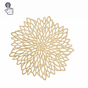 Gold Round Placemats Set of 6 Hollow Out Flower Shaped Table Mat Pressed Vinyl Place Mats Table Decor Wedding Placemat