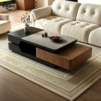 Table basse JINRUISHENGDA de style italien minimaliste moderne, en dalle de pierre sur mesure avec cadre en bois, luxe léger, avec rangement relevable